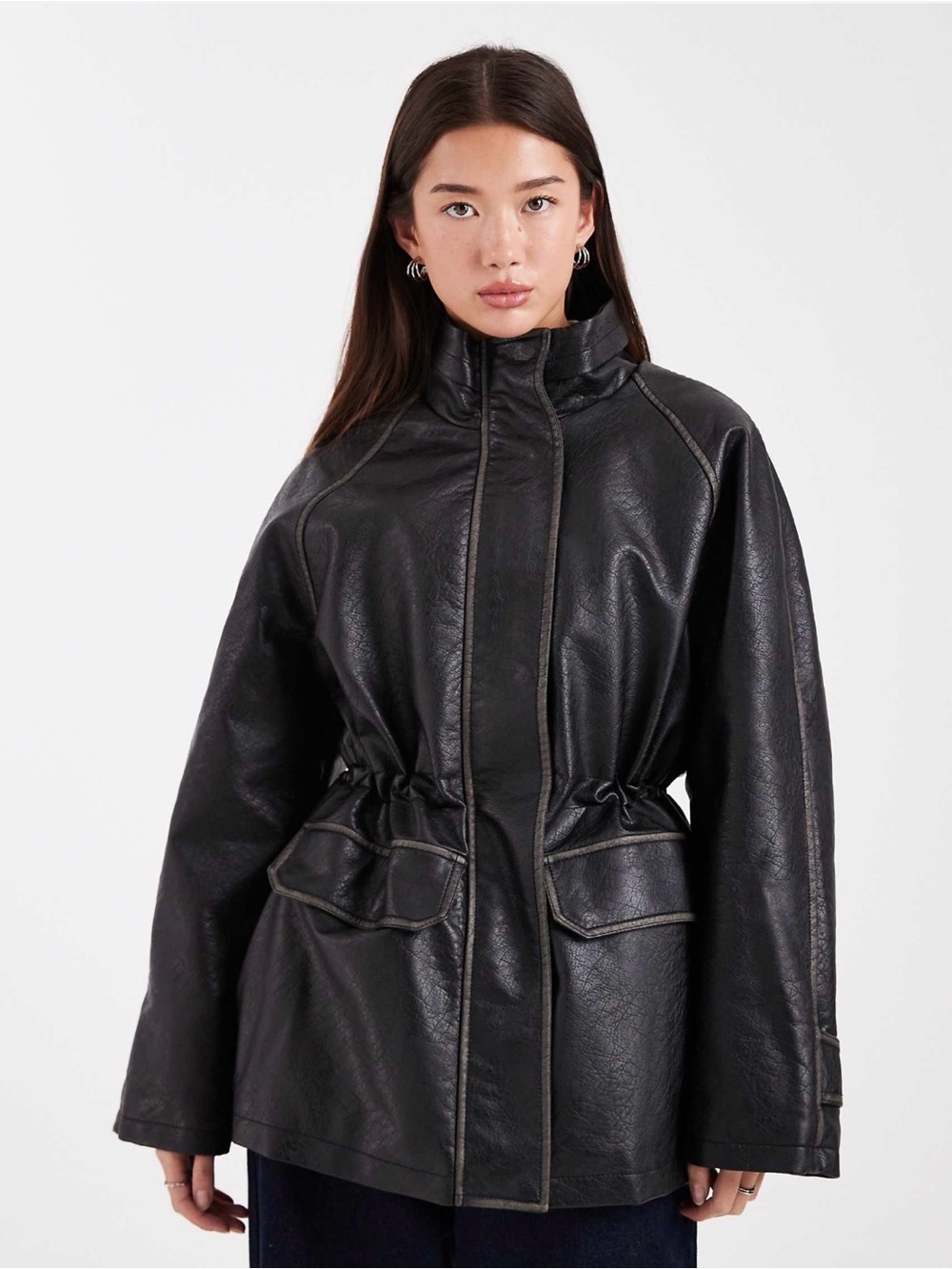 ASOS Funnel Neck Washed Leather Jacket with Drawstring Waist (true size small)